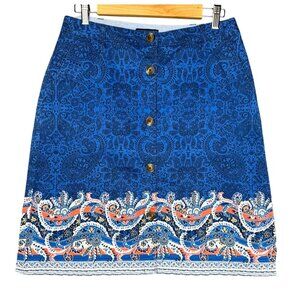 Lands' End Button Down Paisley Skirt Size 6 Preppy Stretch‎ Blue Pockets Coastal